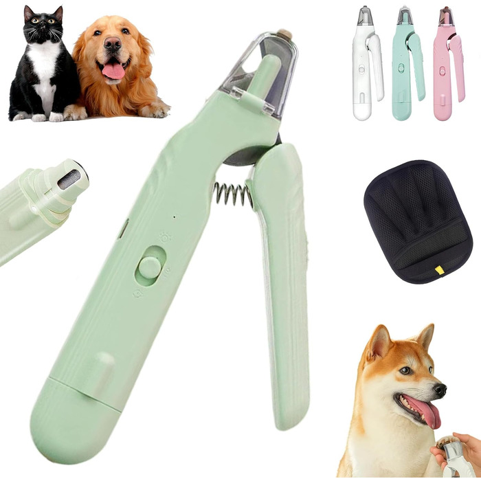 Лампові ножиці для догляду за кігтями тварин 2-в-1 з LED-підсвічуванням, захистом від бризок, тихим мотором та надгострими лезами (зелені)