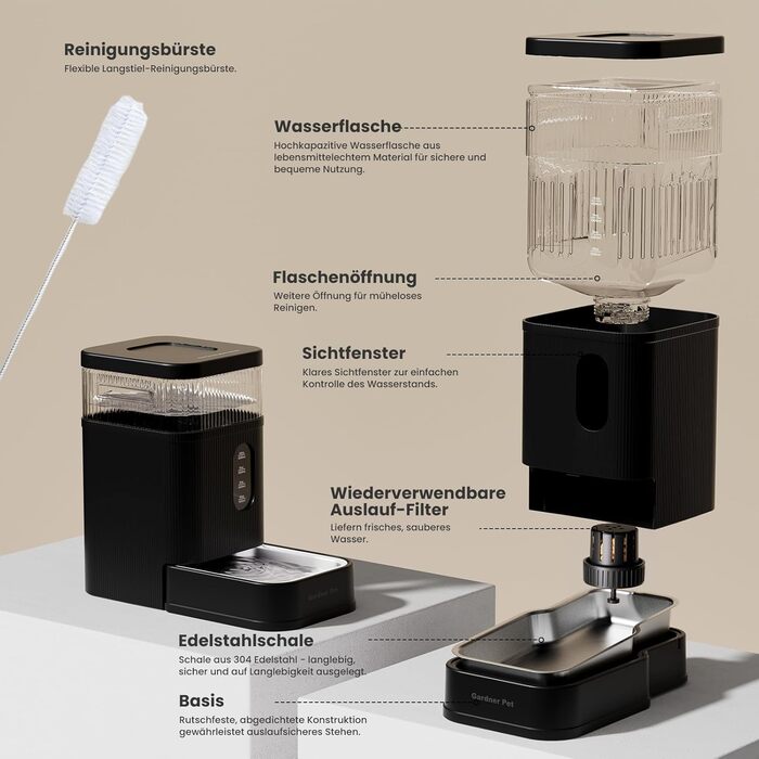 Автоматичний диспенсер води для собак та котів Gardner, годівниця з нержавіючої сталі, велика ємність (8.5л, чорний)