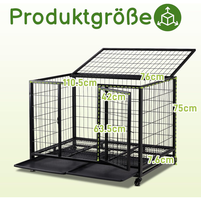 Міцна переносна переноска для собак, 109x76x87 см, 2 дверцята, фіксуючі колеса, знімний піддон – для середніх та великих собак – чорна