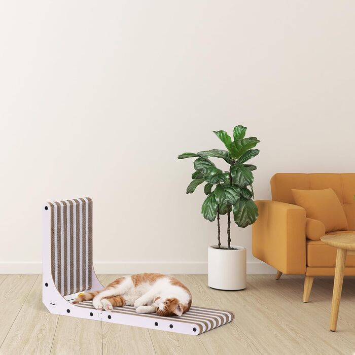 Котячий когтеточка FUKUMARU L-подібної форми, 68 см, з візерунком смуг, з іграшкою, для стіни та кута, з міцного картону