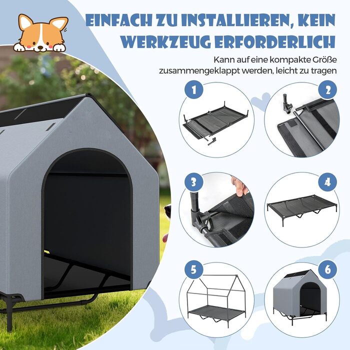 Будинок для собак COSTWAY 2 в 1 з ліжком, сірий, 84 x 132 x 114 см