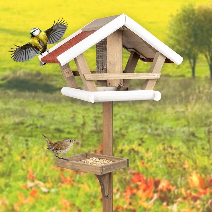 Дерев'яний годівничка для птахів VOSS.garden Birdy зі стійкою, силосом для корму та кормовим столиком, 30 x 48 x 123 см