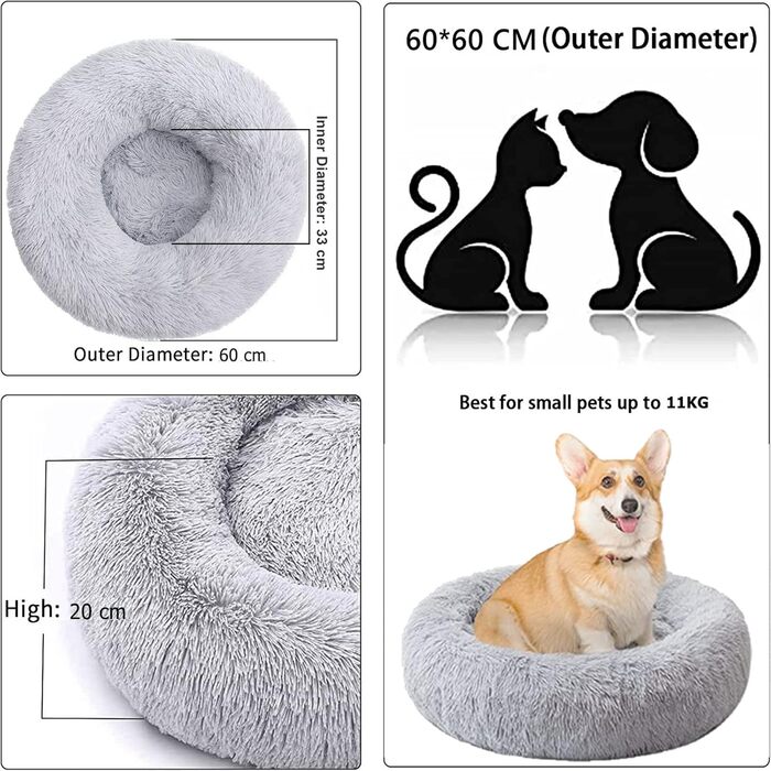 Кругле ліжко для котів та собак, 60 см, плюшеве, миється, сірий колір