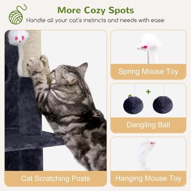 Котячий будиночок Globlazer з когтеточкою, велика база, платформа з м'якою оббивкою, іграшки для котів, 127 см, для великих котів та літніх, відпочинок, ігри, дряпання, інтер'єр (FC50, XL, темно-сірий)