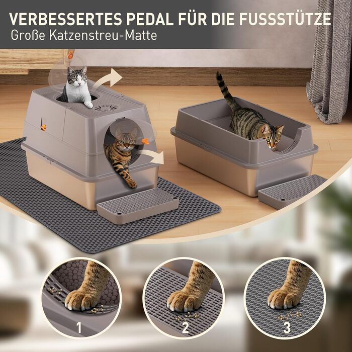 Місцезнаходження Katzenklo Edelstahl з кришкою, XXL туалет для котів закритий з двома відсіками для наповнювача, килимок для наповнювача та лопатка, двостулковий дизайн, легко чистити, утримує запах, сірий