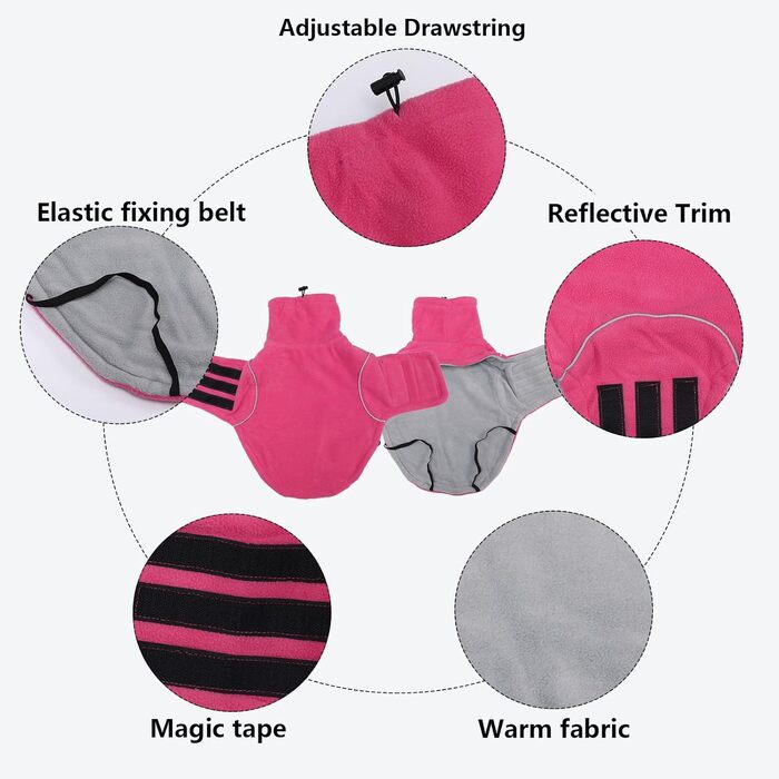 Теплий флісовий пуловер для собак, теплий одяг для такс, одяг для собак з отвором для повідка, відбиваюча мініатюрна одяг для такс на зиму, для холодної погоди, для дому та вулиці (XS(довжина спини: 31~33см), рожевий)