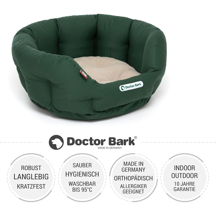 Ліжко для собак Doctor Bark - кругле, м'яке, середнього розміру, з ортопедичною подушкою та іграшкою-кісткою. Можна прати до 95°C. Виготовлено в Німеччині (M - 50x40 см, Зелений/Бежевий)
