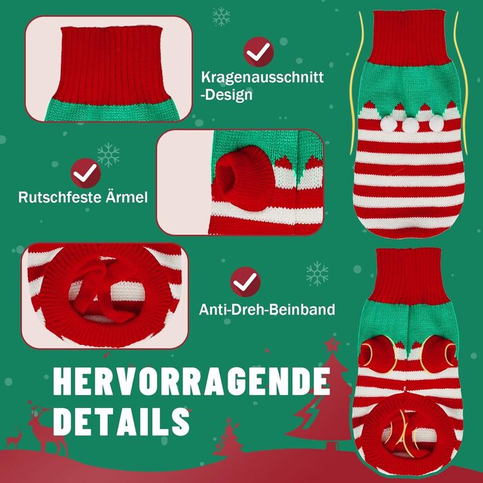 Пуловер для собак на зиму – теплий, м'який, еластичний, для дрібних та великих порід, для такс, французьких бульдогів, XS-XXL, для повсякденного використання та на Новий рік (зелений, смугастий)