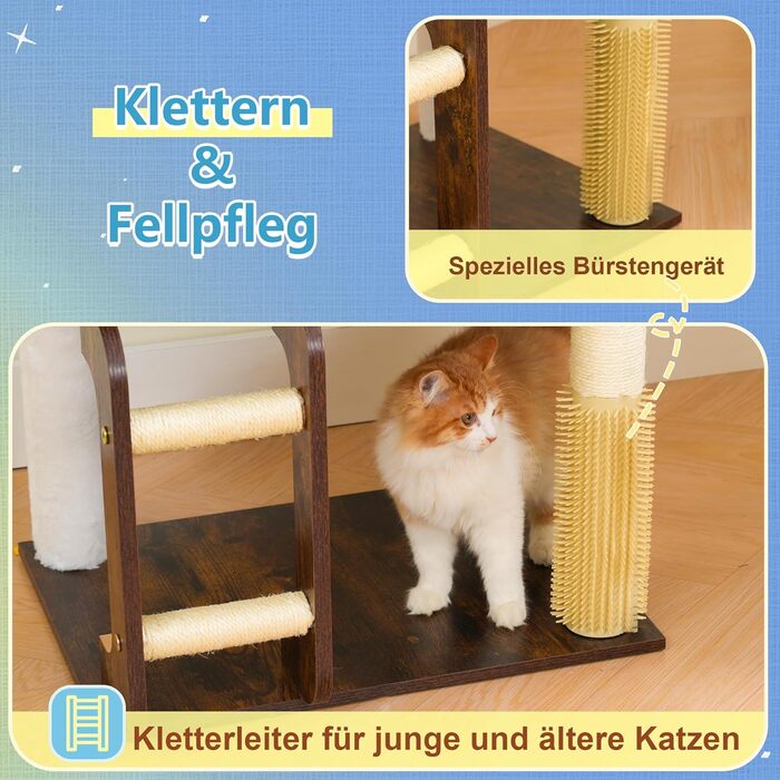 Дерев'яний кігтеточки Hey-brother Holz Kratzbaum 184 см для великих котів, багатоярусний, з платформою, корзиною, будиночком, щіткою та драбиною (Brun Vintage) EMPJ121WB