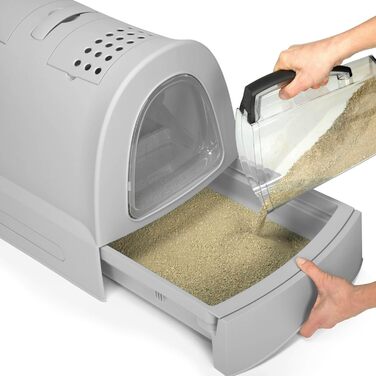 Туалет для котів з кришкою, висувним лотком, ручкою, відсіком для зберігання та вугільним фільтром, світло-сірий