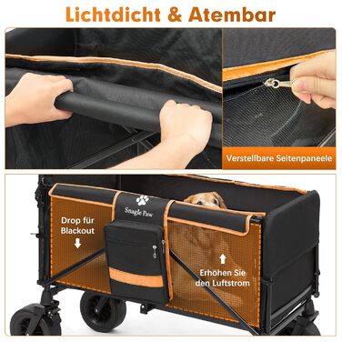 Візок для собак Snagle Paw з заднім люком та рампою, великий, складний, для великих та середніх собак, з регульованою ручкою та стоянковим гальмом, 4 колеса для прогулянок, джоггінгу, подорожей, до 90 кг, чорний/помаранчевий