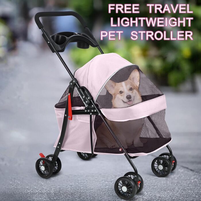 Дитяча коляска для домашніх тварин на 4 колесах для собак та котів, складана, з тримачем для напоїв, дихаючим сітковим вікном, портативна переноска для тварин (Рожева)