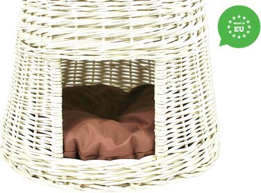 Кігтеточка-будиночок для котів: двоярусне ліжко з плетіння з лози, діаметр 50 см, з подушкою, білий колір