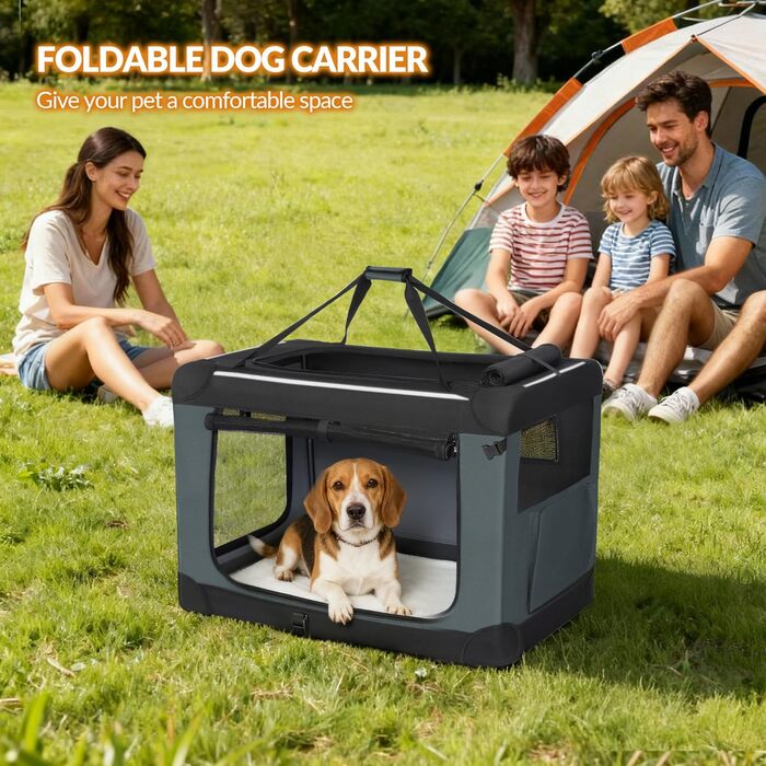 Транспортна переноска для собак Fobyfurny FPDT001OG1, 60x42x42 см, сіра, з 3 дверцятами, 60 л