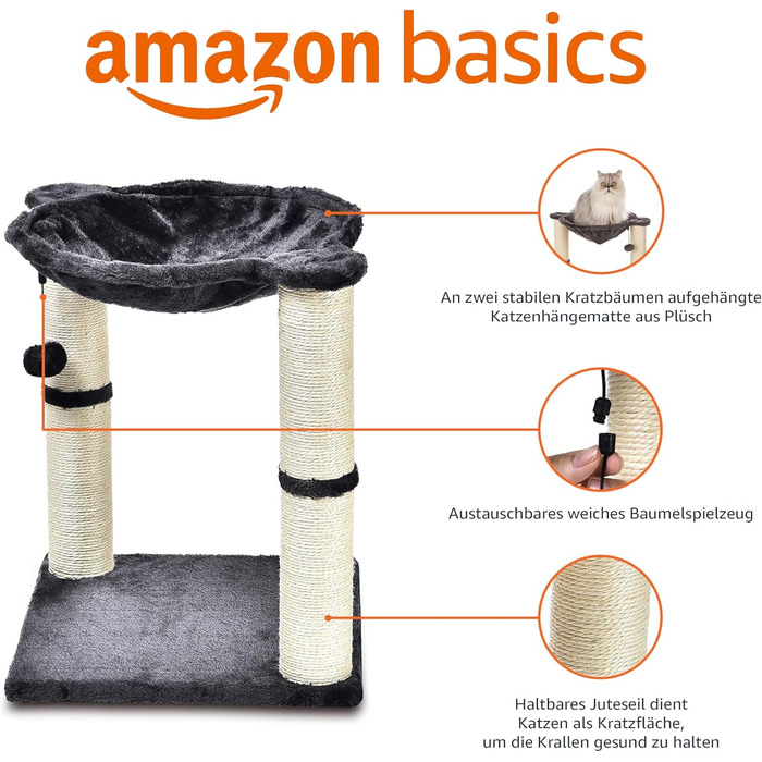 Котячий дряпак Amazon Basics з будиночком, гамаком, лежаком і стовпчиком для дряпання, 41x51x41 см, сірий
