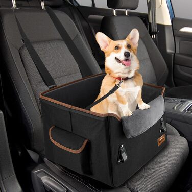 Автокрісло для собак Angooni: зручний бустер для маленьких та середніх собак з кишеньками для зберігання, м'яке плюшеве ліжко для переднього та заднього сидіння (чорне)