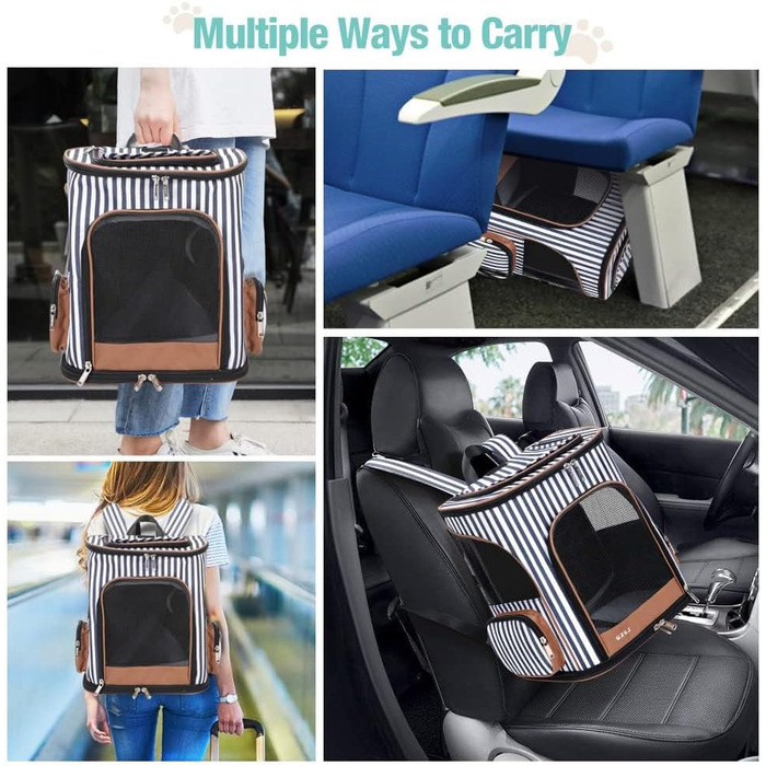 Розширюваний рюкзак для кота Ekesky – зручний, дихаючий рюкзак для середніх та великих котів та собак, з внутрішньою фіксацією та килимком для тварин, об'єм 9 л (L, смугастий)