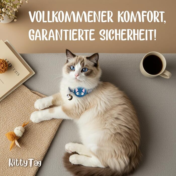 Нашийник для котів KittyTag з аксесуарами, сумісний з Apple Airtag, світловідбиваючий та світосвітний, GPS, захист від задушення, регульований (темно-синій)