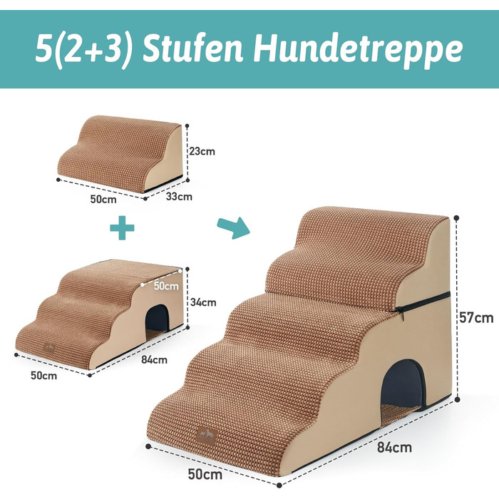 Сходинки для собак COZY KISS - для маленьких собак, з високощільним губчатим матеріалом, миючий чохол (світло-коричневий, 5.0, 83x50x57 см)