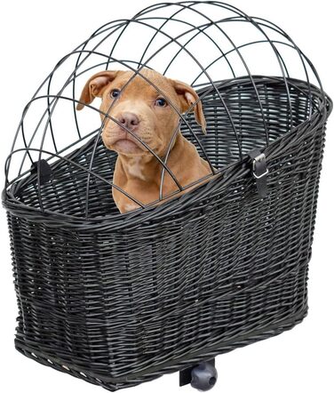 Корзина для собак на велосипед – ручної плетіння з лози, з ґратчастою кришкою, кріпленням для багажника та знімним подушечкою. Розмір: 60 x 39 x 50 см, колір чорний (венге), XL