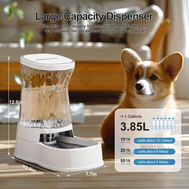 Автоматична годівниця та поїлка для котів і собак Gardner Pet, 3,85 л, без електрики, BPA Free, з нержавіючою чашею, гравітаційний дозатор води, для середніх і великих домашніх тварин, біла