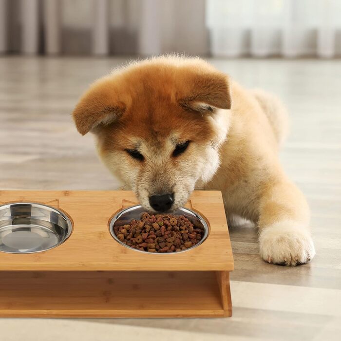 Підставка для корму Relaxdays для котів та маленьких собак, 2 миски по 300 мл, піднята, бамбук та нержавіюча сталь, 12x39x19,5 см, натуральний колір/срібло