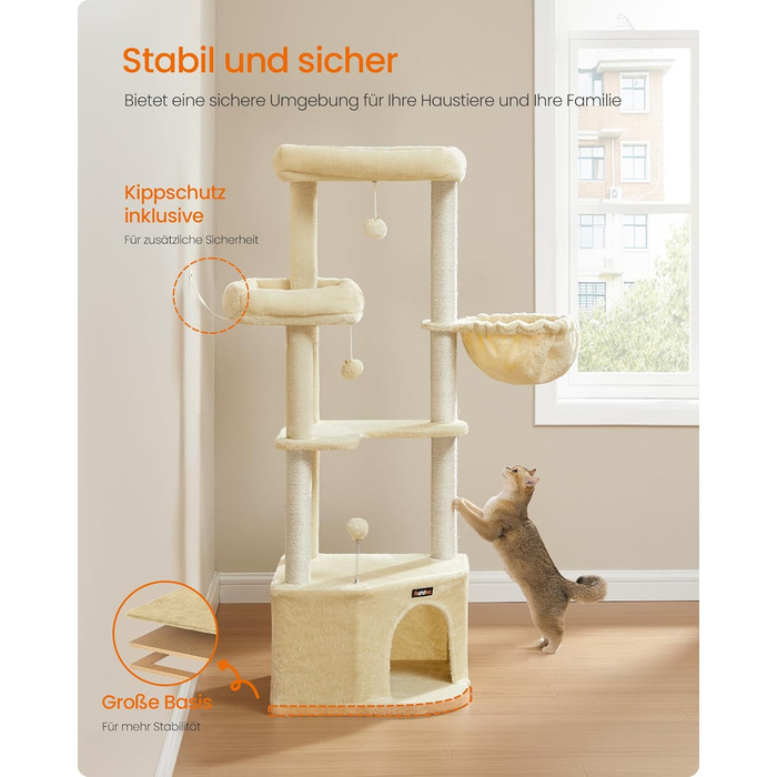 Дряпка для котів Feandrea, кігтеточка з великою затишною печерою, платформами, м'ячиками та лежанкою, 48,5 x 48,5 x 140,7 см, бежевий PCT009Y01