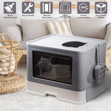 Домашній туалет для котів Homewell з кришкою та лопаткою, сучасний котячий лоток-комод, багатофункціональний аксесуар для котів, 51x40x37 см, сірий, Модель 1