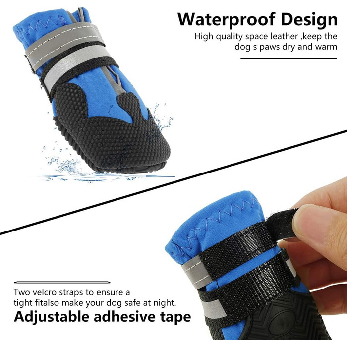 Водонепроникні чоботи для собак Bau+Schwarz, 4 шт. - захист лап для малих, середніх та великих собак, з відбиваючими ременями, блакитні (XXL)
