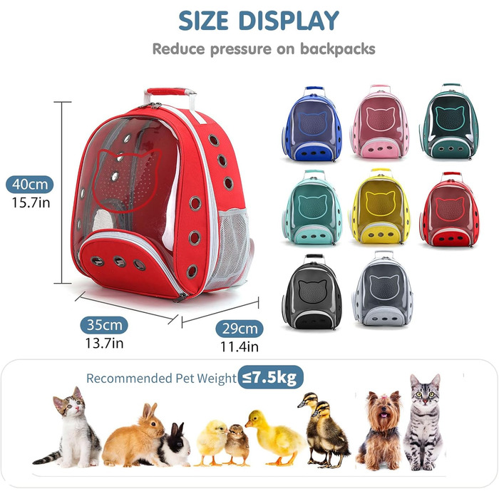 Рюкзак для котів та маленьких собак PETCUTE, дихаючий, знімний килимок, до 6 кг, з прозорим вікном, для подорожей (темно-червоний)