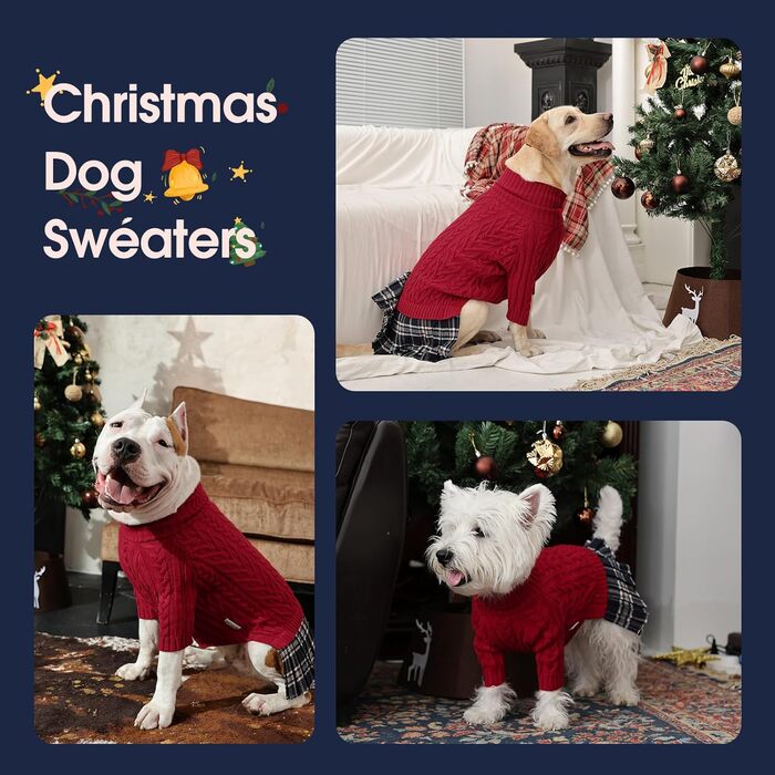 Теплий зимовий пуловер для собак великих порід IECOii з діркою для повідка, червоний, XXXL (80 см)