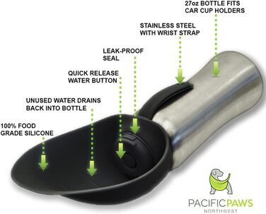 Pacific Paws Поїлка для собак Northwest - переносний диспенсер води, сталева пляшка, силіконовий миска у формі листка, 765 мл, чорний