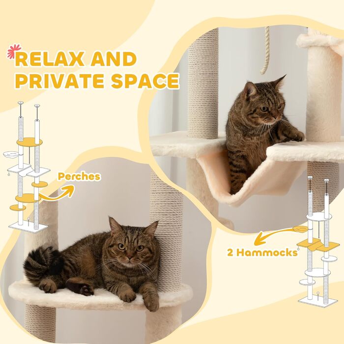 PawHut Дряпка для котів 225-255 см, 7 рівнів, з гамаком, платформами, іграшковим м’ячем, бежево-сіра