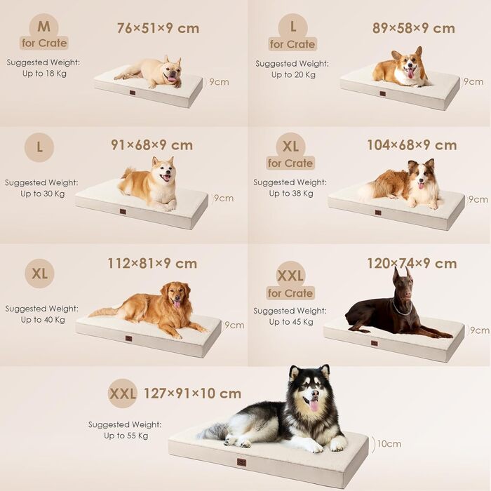 Ортопедичне ліжко для собак середніх порід EHEYCIGA 89x58x9 см, м'яке, знімний чохол, підходить для перевезення, Kamel