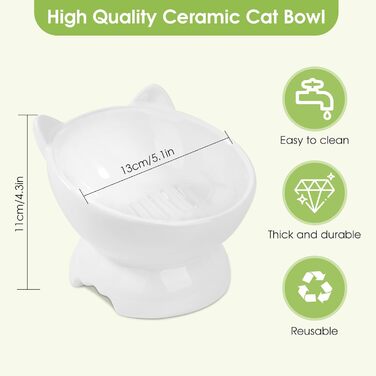 Набір мисок для котів (2 шт.), підняті, з захистом шиї, 15° нахил, кераміка, для корму та води - білий