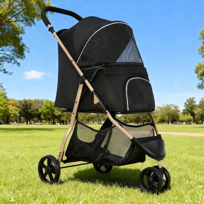 Візок для собак та котів YITAHOME 15 кг, 3 колеса, сітко-вікно, гальма, міцний, чорний