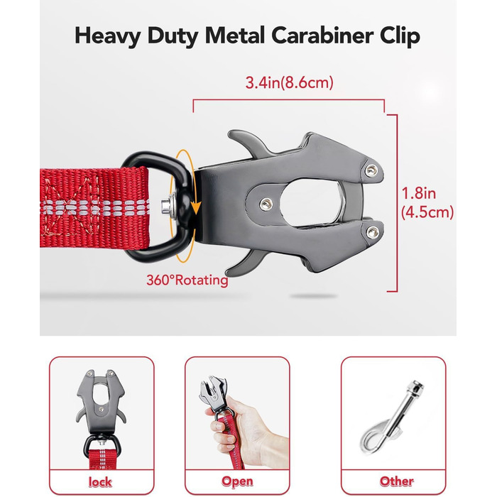 Тактична повідок для собак Joytale, еластична (bungee) повідок з 2 м'якими ручками, автофіксатор, повідок без ривка для собак середніх, великих та екстра-великих порід (1.2м-1.8м, червона)