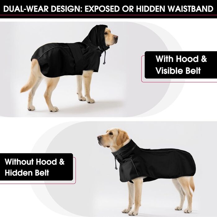 Водонепроникний дощовик для собак XXL, чорний, з капюшоном та отвором для повідка, з відбиваючими смугами, для великих порід (Лабрадор, Голден Ретрівер, Німецька вівчарка, Боксер)