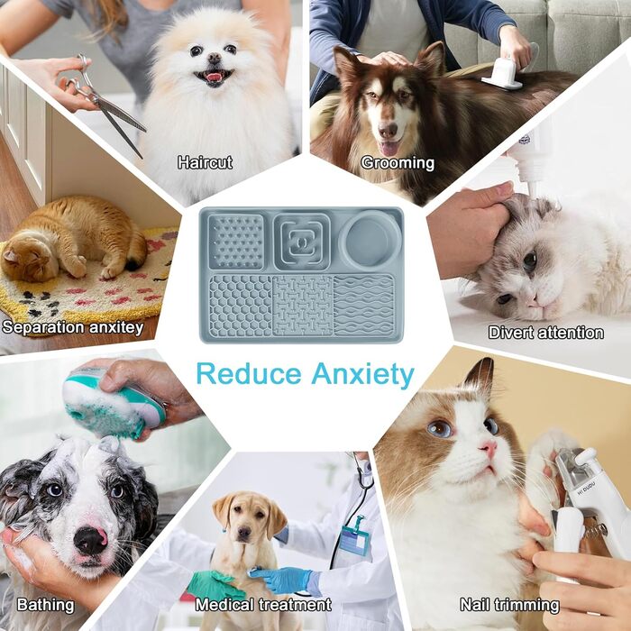 Силіконова килимок-заспокійвач для собак та котів Cooltto з мискою з нержавіючої сталі, з присосками, для грумінгу, миття та тренувань (Сірий, Модель A- 6 в 1 з 59 присосками)