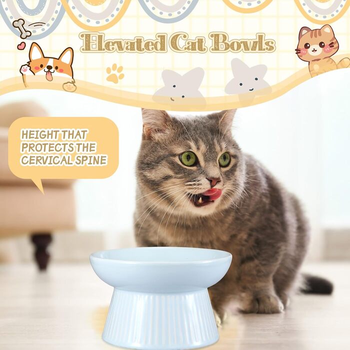 Підвищені миски для котів Layhit з кераміки, проти блювоти, для сухого та вологого корму, для кошенят, блакитні та рожеві, 2 шт.
