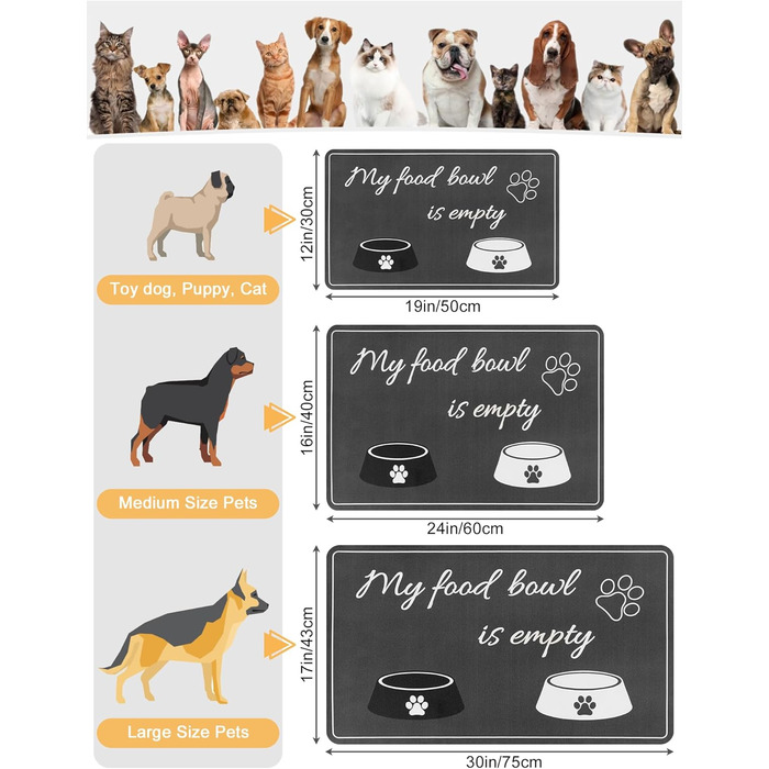 Нековзна килимок-підкладка під миску для собак та котів, сірий, 30 x 50 см