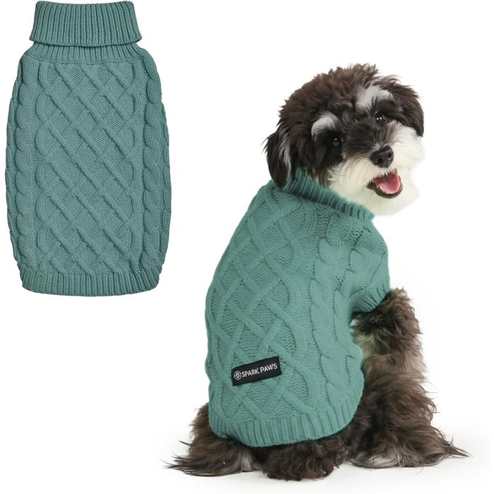 Теплий зимовий пуловер Spark Paws для собак - м'який, комфортний пуловер для малих, середніх та великих собак, французьких бульдогів, пітбулів, сук та котиків (Pine Green, S) Pine Green Cableknit S: 2-5 кг