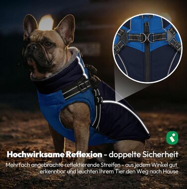 Зимовий теплий одяг для собак - куртка для маленьких собак з шлейкою, флісовою підкладкою та світловідбиваючими елементами, блакитна, XS (обхват грудної клітки 35 см)