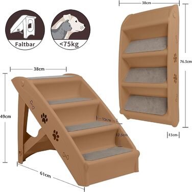 Сходинка для собак та котів Aufun: 4 сходинки, портативна, з антиковзним покриттям, 50 см, вантажопідйомність 75 кг, для ліжка/дивану (колір: коричневий)