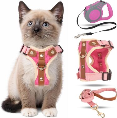 Набір для кота: шлейка та поводок-телескопічний, антизламання, регульована шлейка для кошенят та собак, рожевий