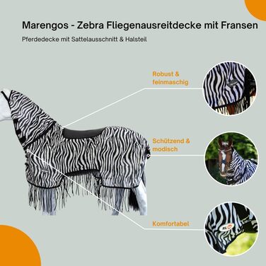 Деки для коней Marengos Zebra з бахромою, 155 см: захист від комах, з вирізом для сідла та начолею, чорно-білий колір, зовнішня деки для коней