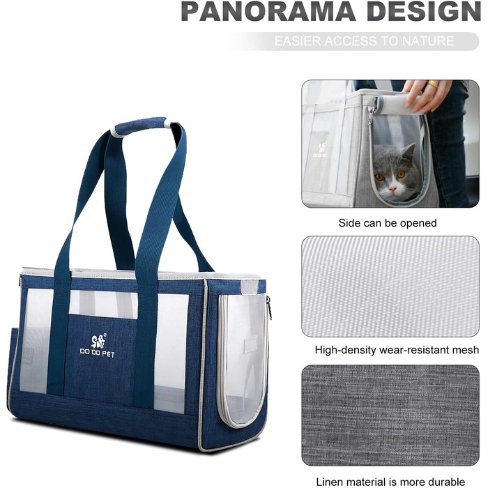 PETCUTE переносна сумка-переноска для собак та котів з виймальною підстилкою, бічні кишені, страховий поводок, дихаюча переноска для маленьких собак, схвалена авіакомпаніями, блакитна