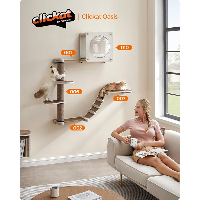 Feandrea Clickat Collection - Драбина-подряпування для котів, 100 см, товста, настінна, з 2 стійками, діаметр 10,4 см, швидка збірка, розширювана, (XXL набір меблів для котів на стіні)