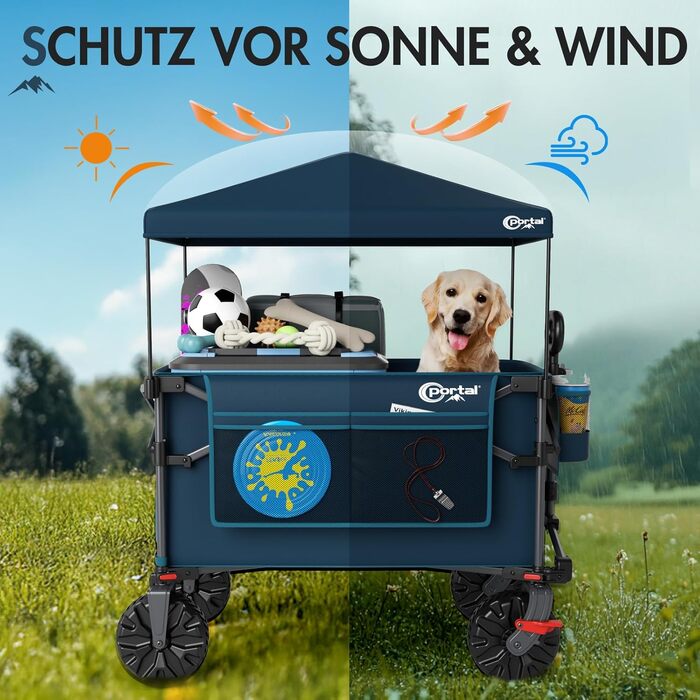 Портал візок-валіза складна модель 350л, 122кг, з дахом, широкі колеса, тримач для напоїв, блакитний