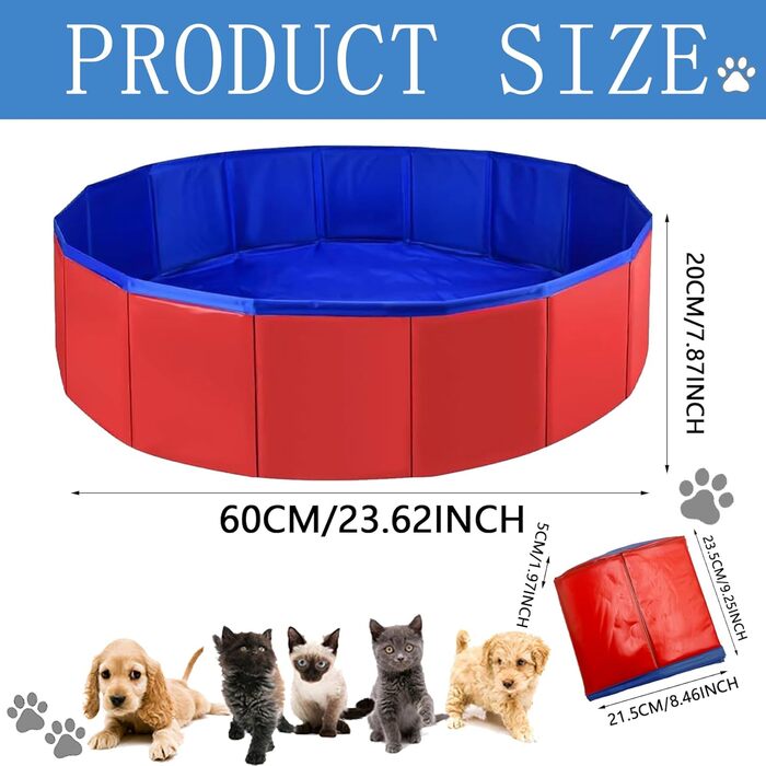 Надувний басейн для собак та котів, 60x20 см, блакитний/червоний, з неслизького ПВХ